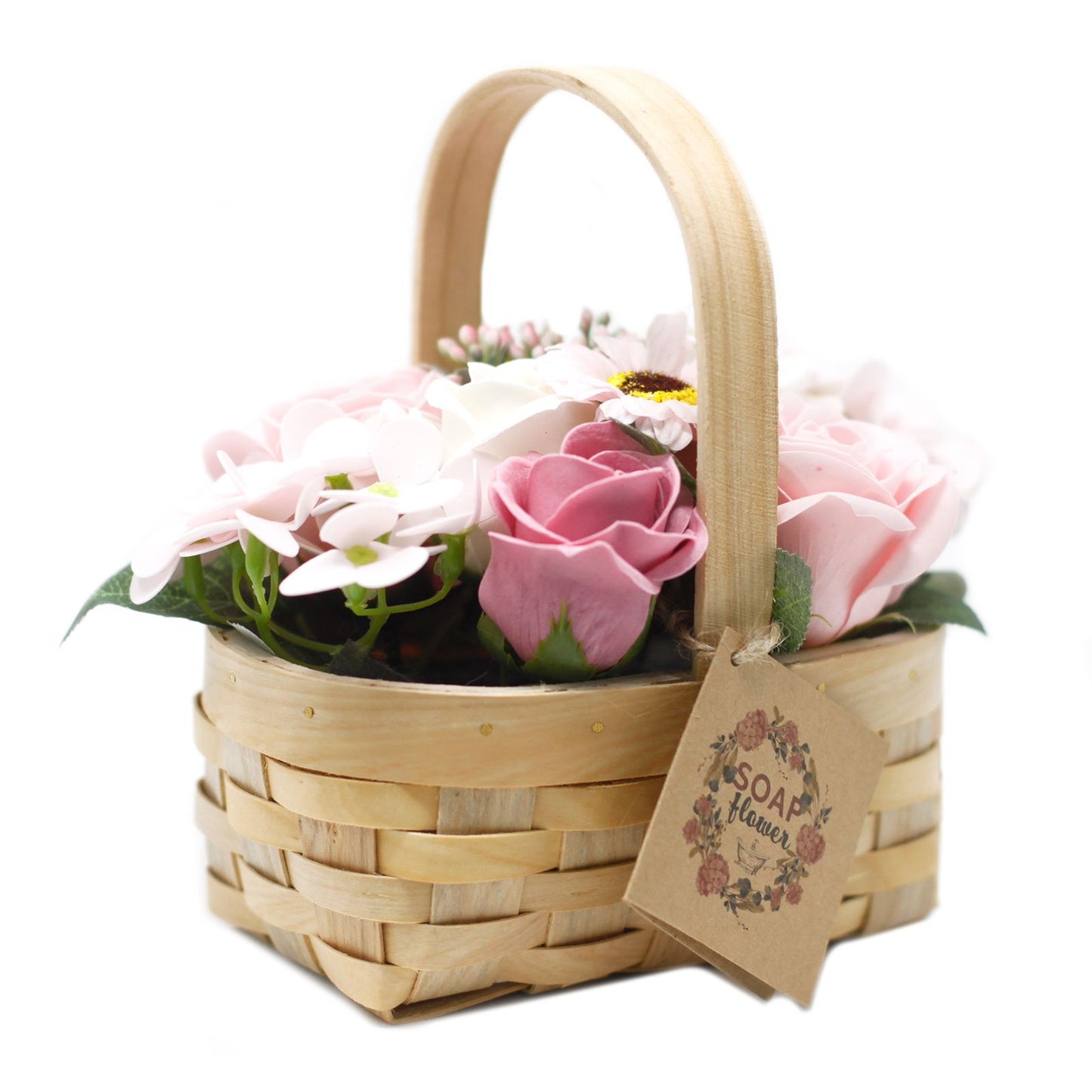 Medium Bouquet of Soap Flowers in Wicker Basket - Pink Roses
