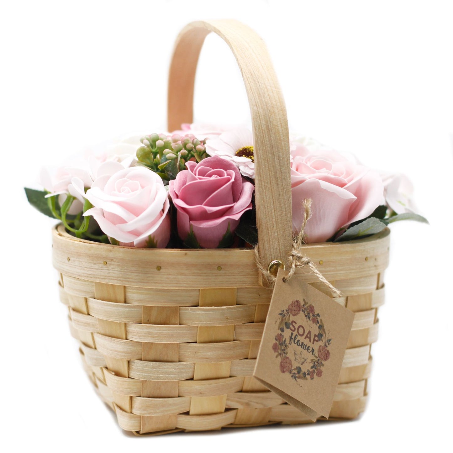 Large Bouquet of Soap Flowers in Wicker Basket - Pink Roses
