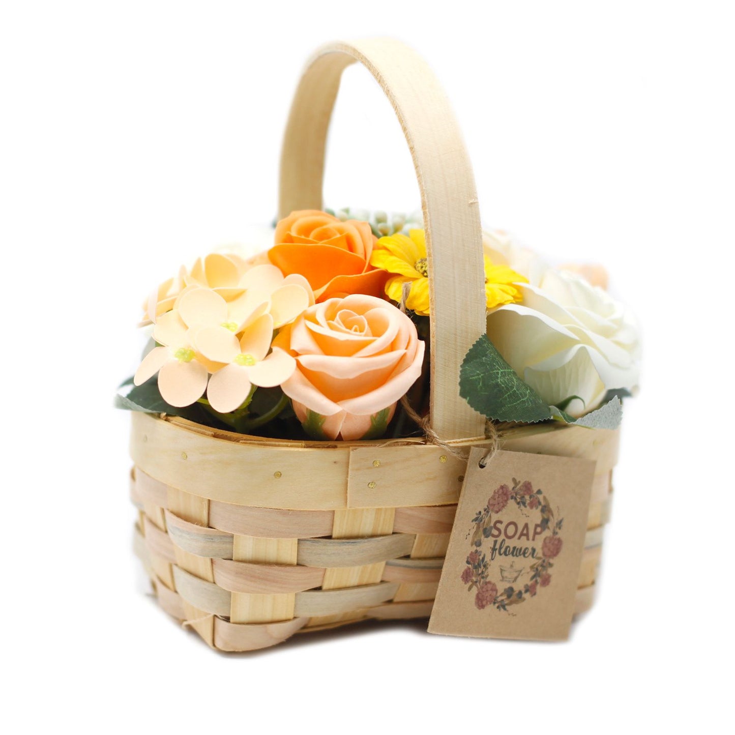 Medium Bouquet of Soap Flowers in Wicker Basket - Peach-Apricot Roses