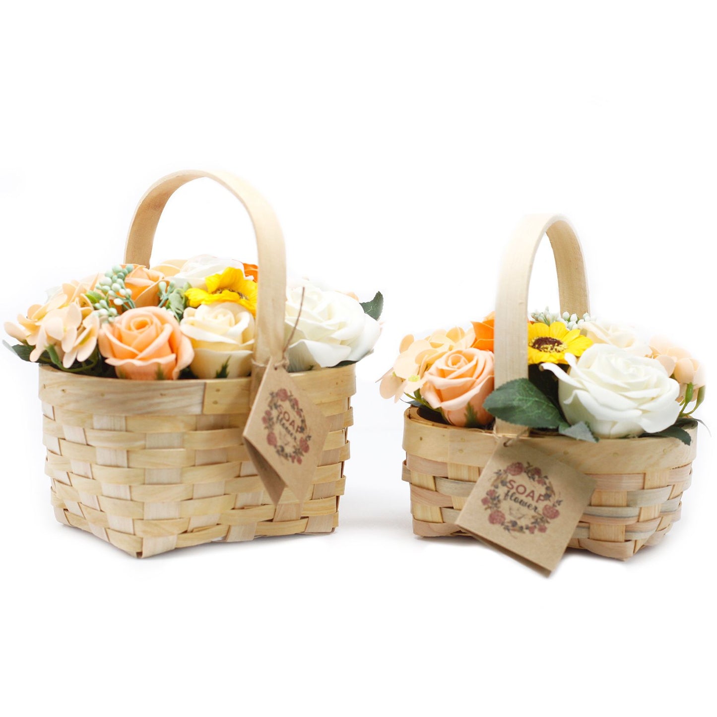Medium Bouquet of Soap Flowers in Wicker Basket - Peach-Apricot Roses