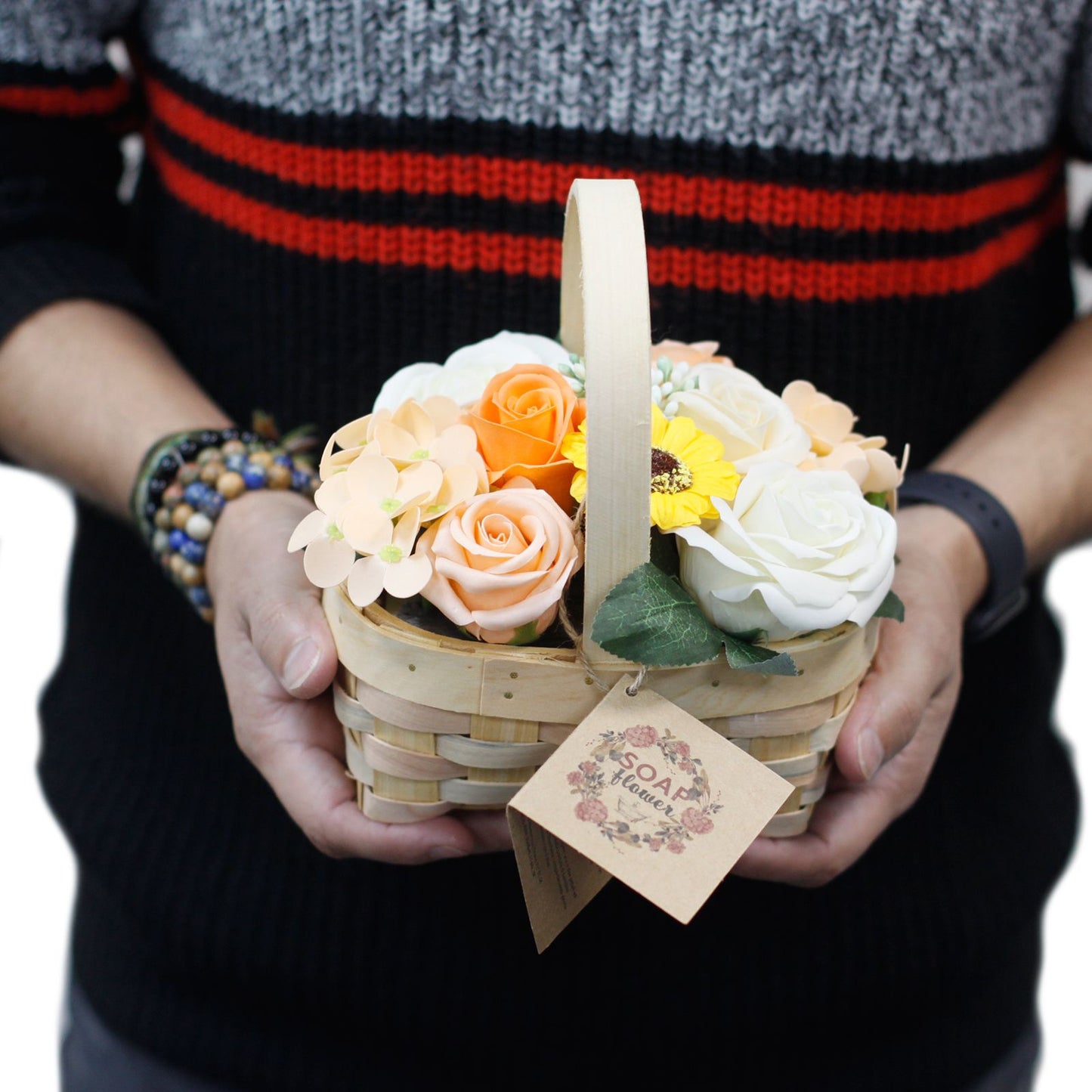 Medium Bouquet of Soap Flowers in Wicker Basket - Peach-Apricot Roses