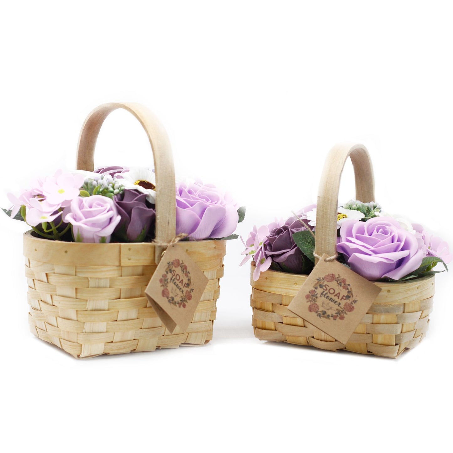 Medium Bouquet of Soap Flowers in Wicker Basket - Purple-Lilac Roses
