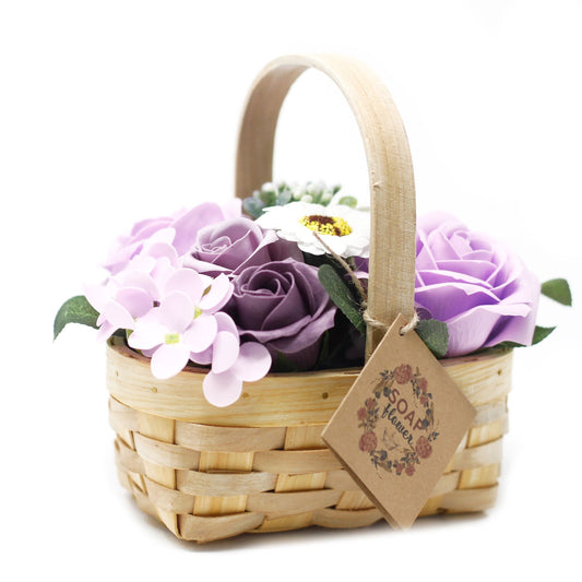 Medium Bouquet of Soap Flowers in Wicker Basket - Purple-Lilac Roses