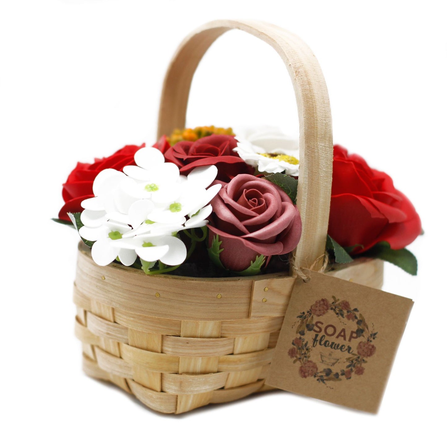 Medium Bouquet of Soap Flowers in Wicker Basket - Red Roses