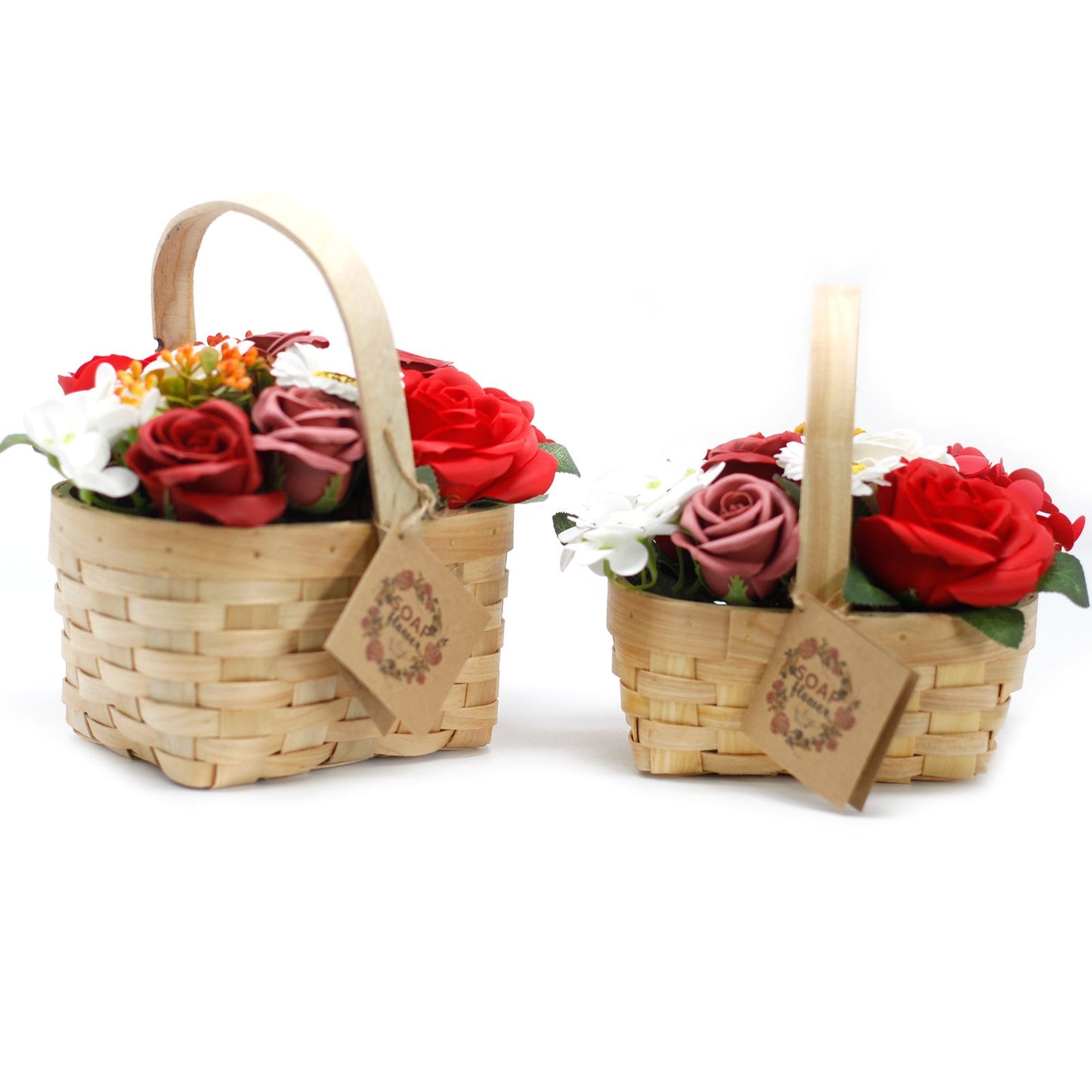 Medium Bouquet of Soap Flowers in Wicker Basket - Red Roses