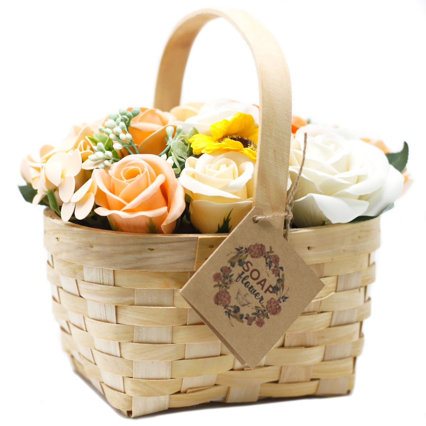 Large Bouquet of Soap Flowers in Wicker Basket - Peach Roses