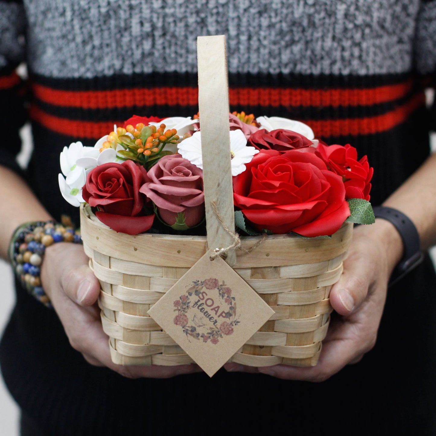Large Bouquet of Soap Flowers in Wicker Basket - Red Roses