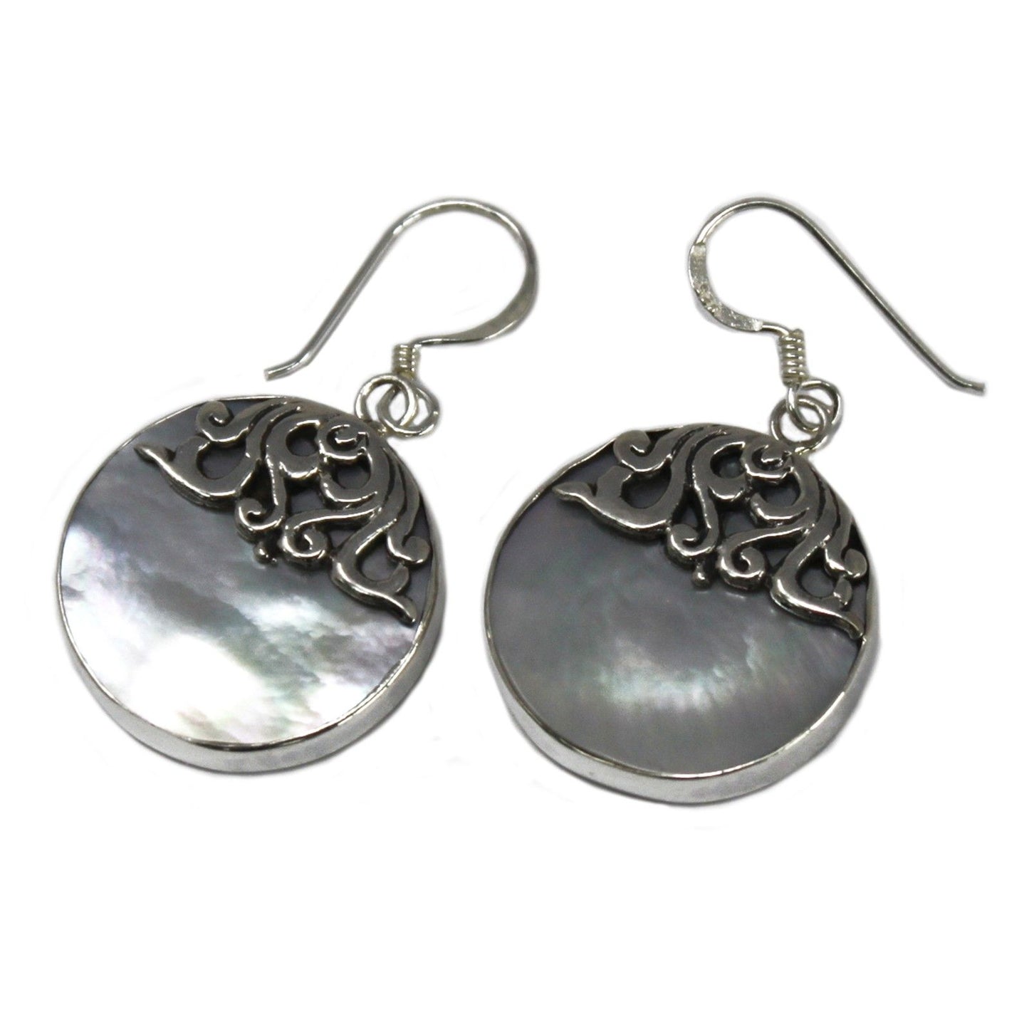 Shell & Silver Earrings - Classic Disc with Filigree Design  - MOP