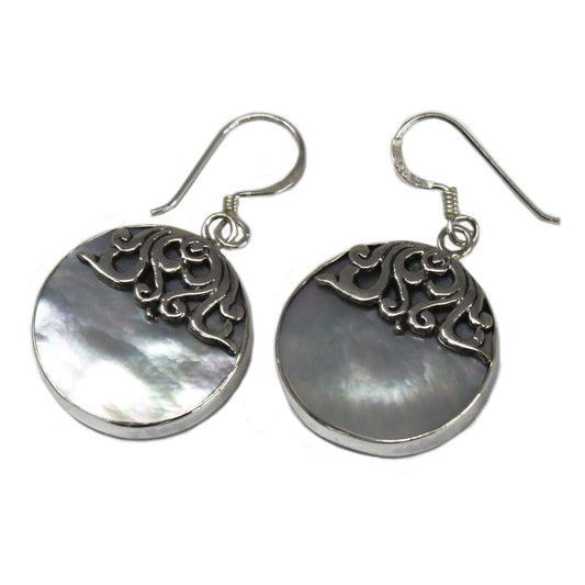 Shell & Silver Earrings - Classic Disc with Filigree Design  - MOP