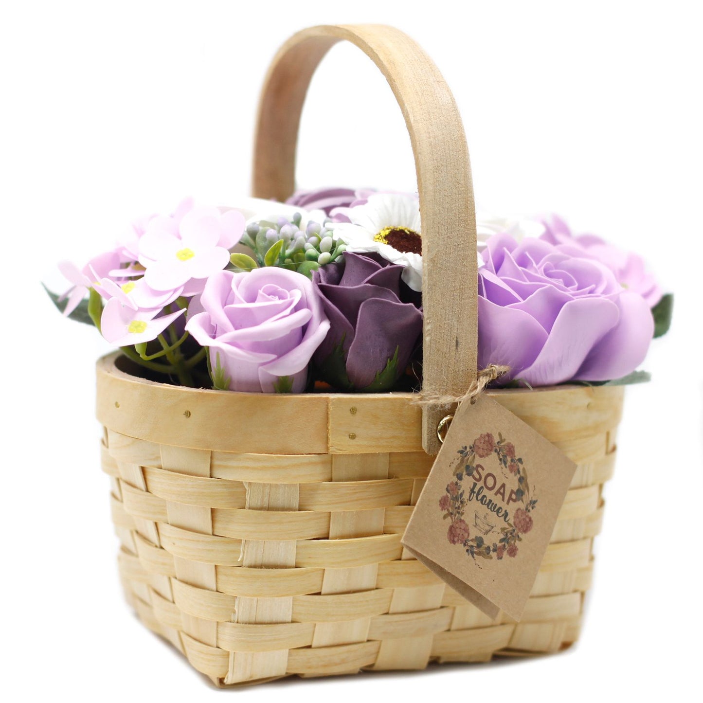 Large Bouquet of Soap Flowers in Wicker Basket - Lilac Roses