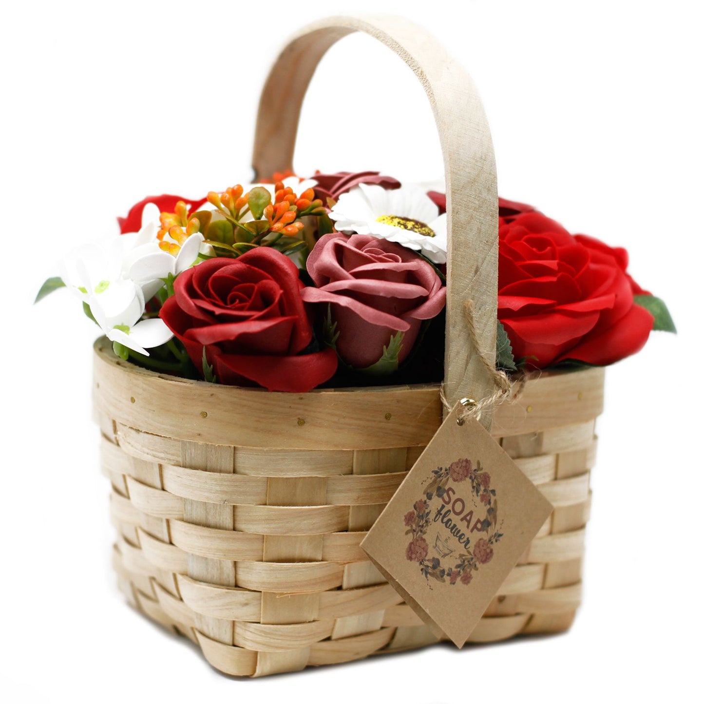 Large Bouquet of Soap Flowers in Wicker Basket - Red Roses