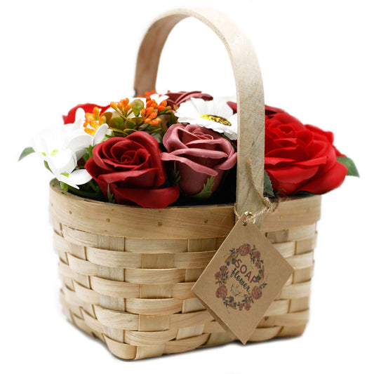 Large Bouquet of Soap Flowers in Wicker Basket - Red Roses
