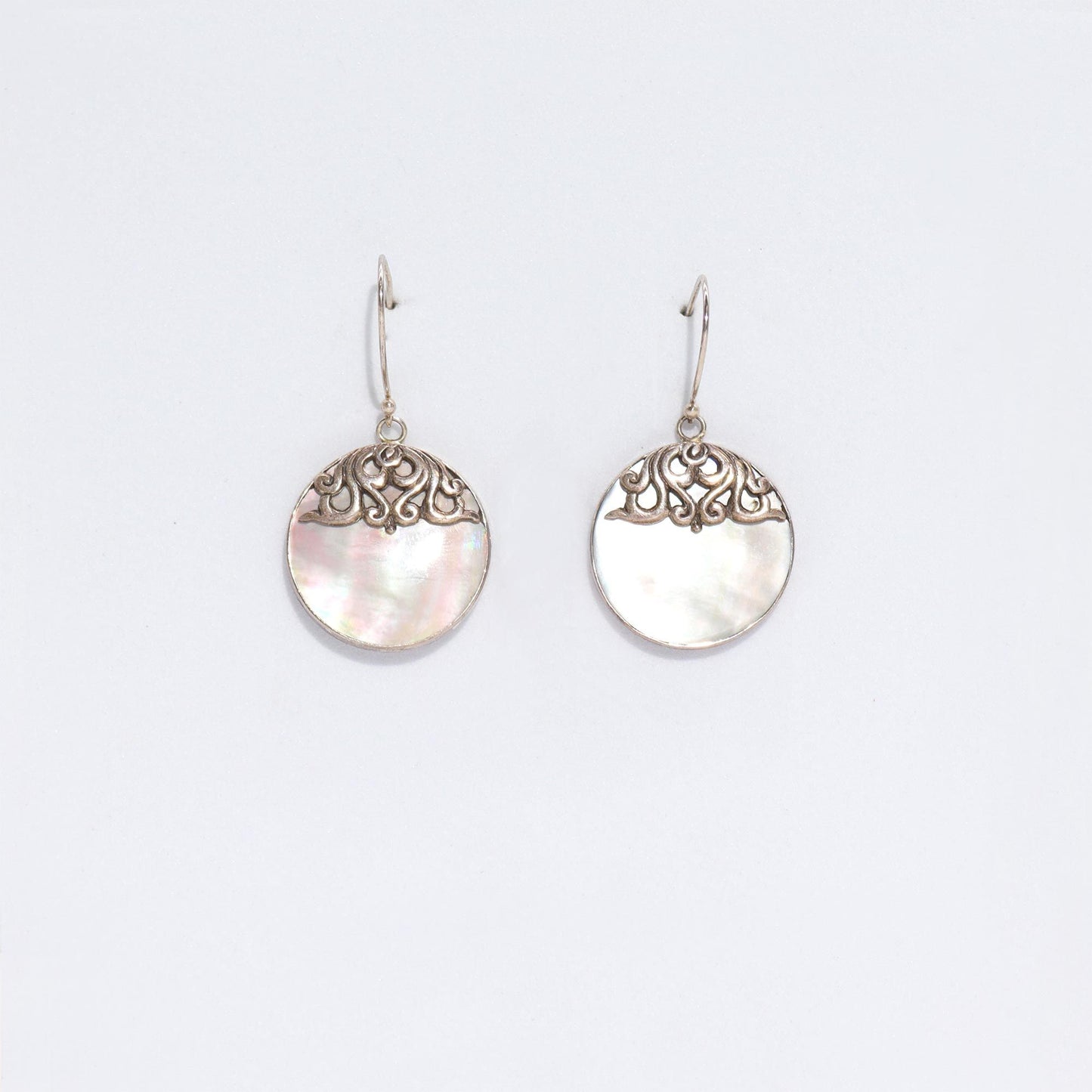 Shell & Silver Earrings - Classic Disc with Filigree Design  - MOP
